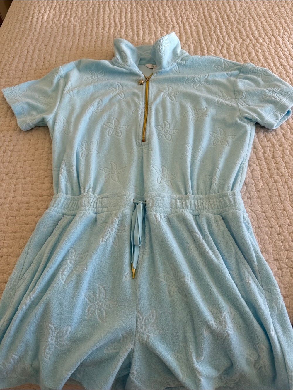 Lilly Pulitzer Light Blue Terry Short Romper with Gold Zip